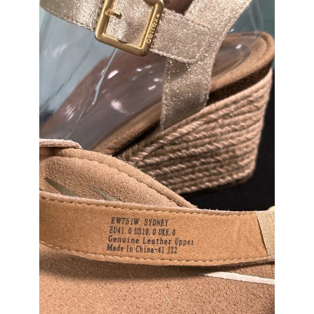 Aetrex‎ Sydney Champagne Gold Shimmer Leather Espadrille Wedge Sandals Womens 10